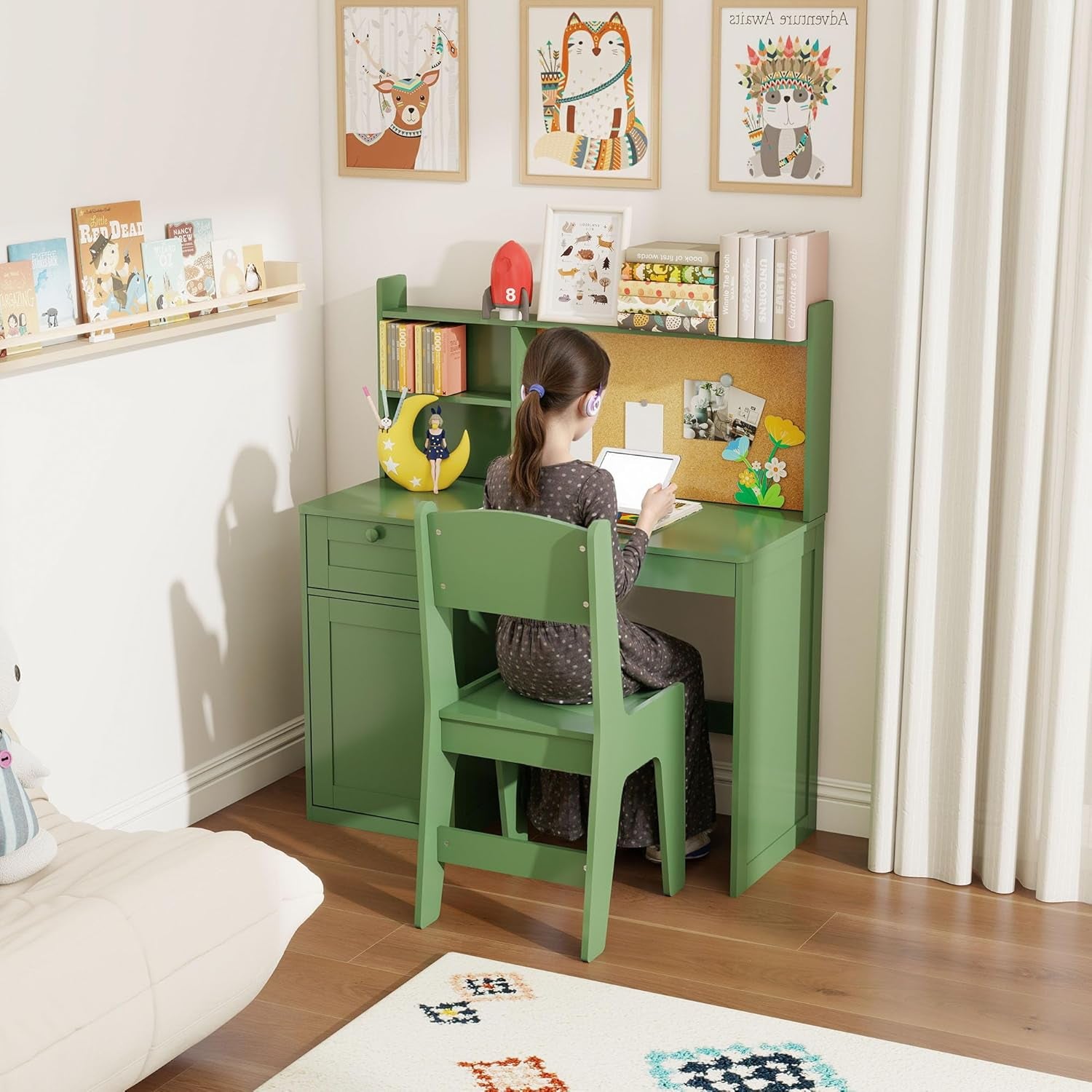 Kids Study Desk with Chair, Children Wooden Study Table with Hutch & Storage Cabinet, Kids Desk Chair Set for 5-12 Years Old, Student Writing Table Computer Workstation for Boys, Green
