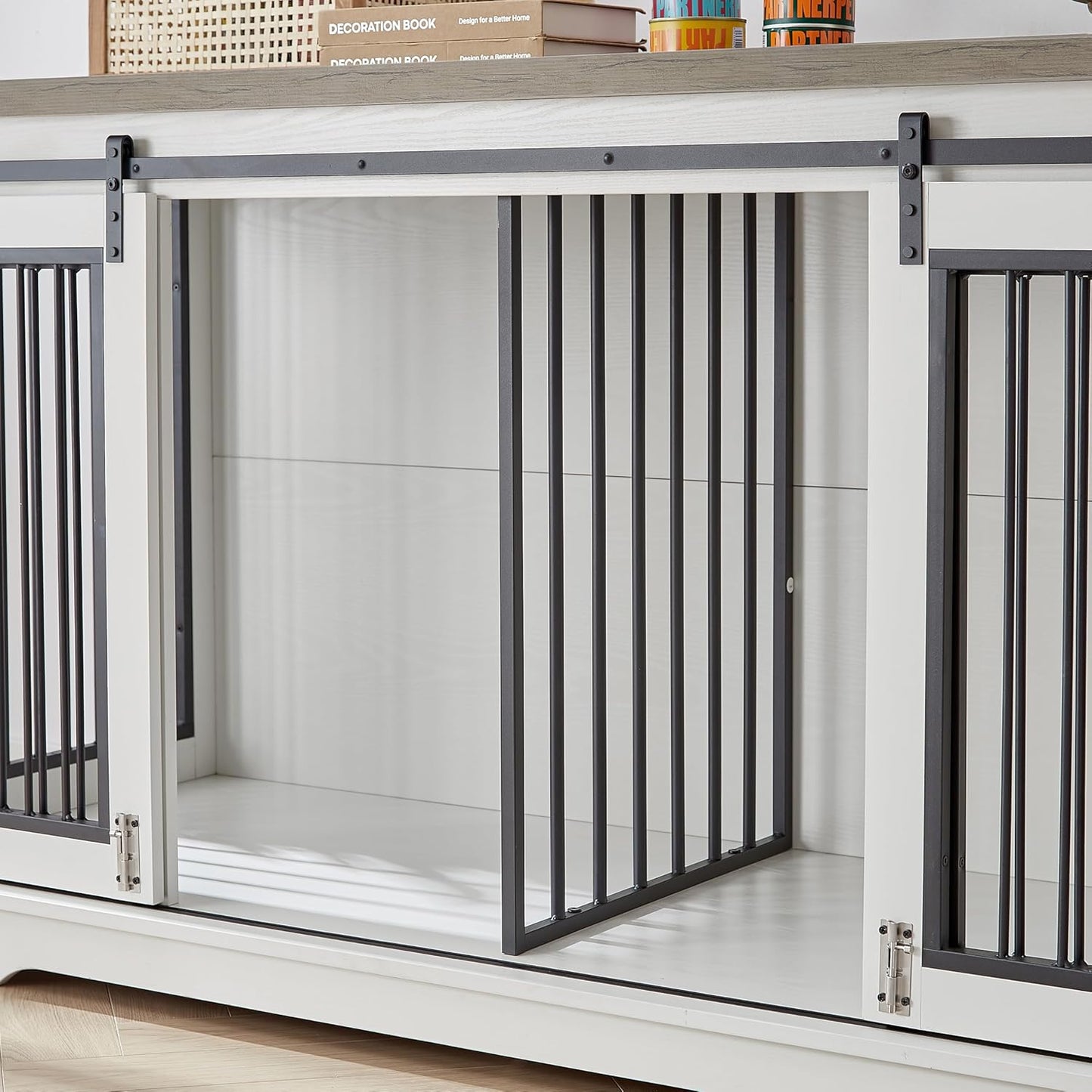 XXL Wooden Dog Crate Furniture with Sliding Barn Door, 60.6" Indoor Kennel with Divider, Modern TV Stand for Large Dog or 2 Medium Dogs (Grey)