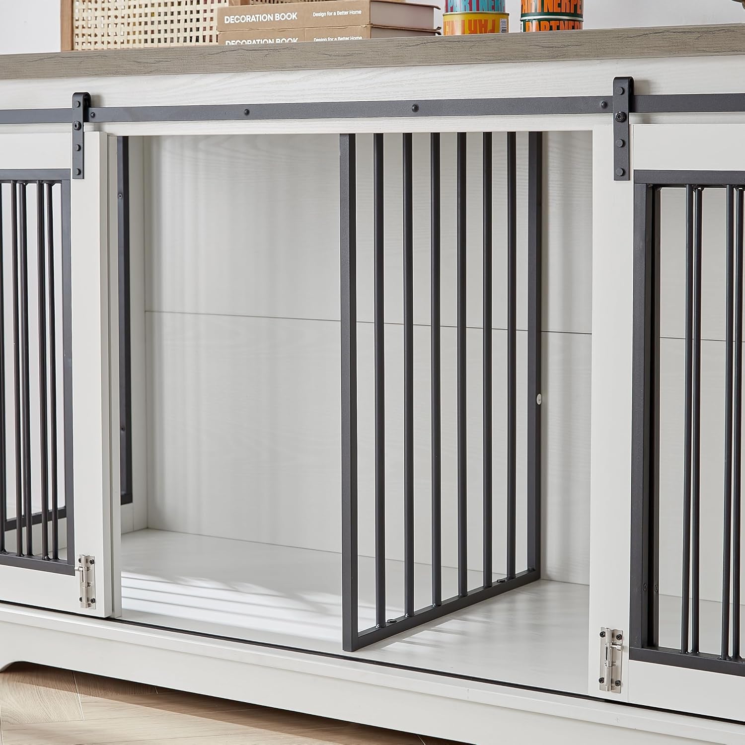 XXL Wooden Dog Crate Furniture with Sliding Barn Door, 60.6" Indoor Kennel with Divider, Modern TV Stand for Large Dog or 2 Medium Dogs (Grey)