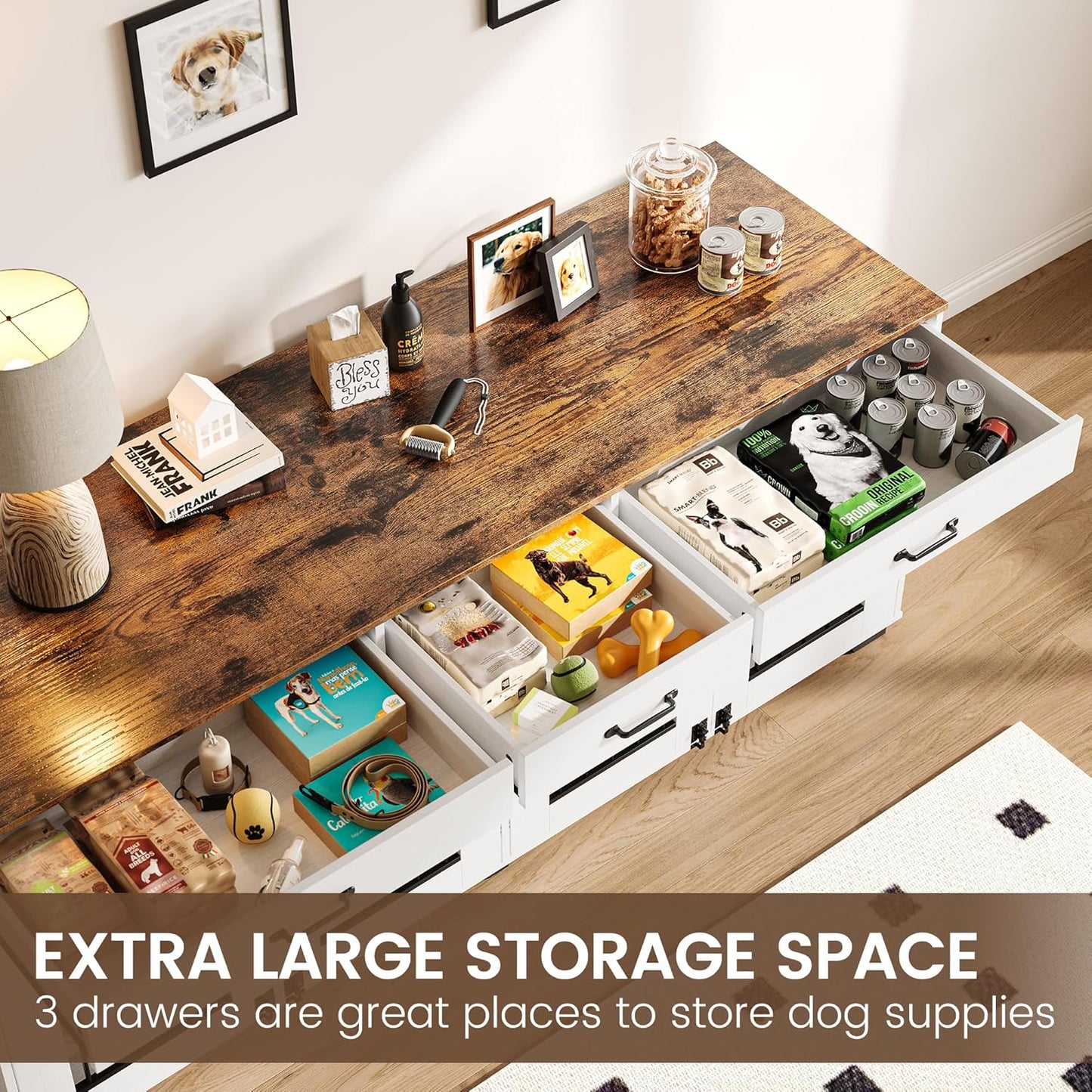 71 in Large Dog Crate for 2 Dogs, Dog Crate Furniture with 3 Drawers, Heavy Duty Dog Cage and TV Stand for Medium Large Dogs, White