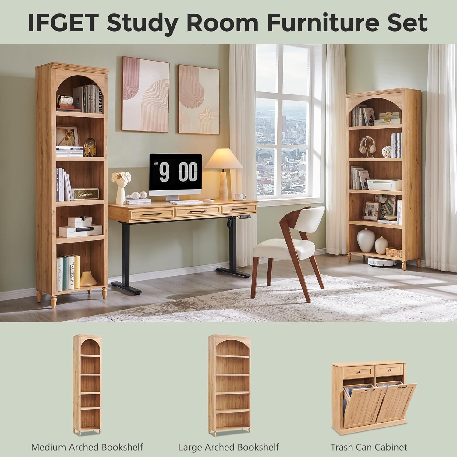 76" Tall Arched Bookcase, Farmhouse 5 Tiers Narrow Arched Bookshelf Cabinet with Adjustable Shelves, Modern Wooden Book Shelf W/Storage and Open Display Shelves for Living Room, Office-Natural