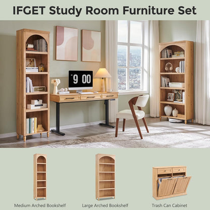 76" Tall Arched Bookcase, Farmhouse 5 Tiers Narrow Arched Bookshelf Cabinet with Adjustable Shelves, Modern Wooden Book Shelf W/Storage and Open Display Shelves for Living Room, Office-Natural