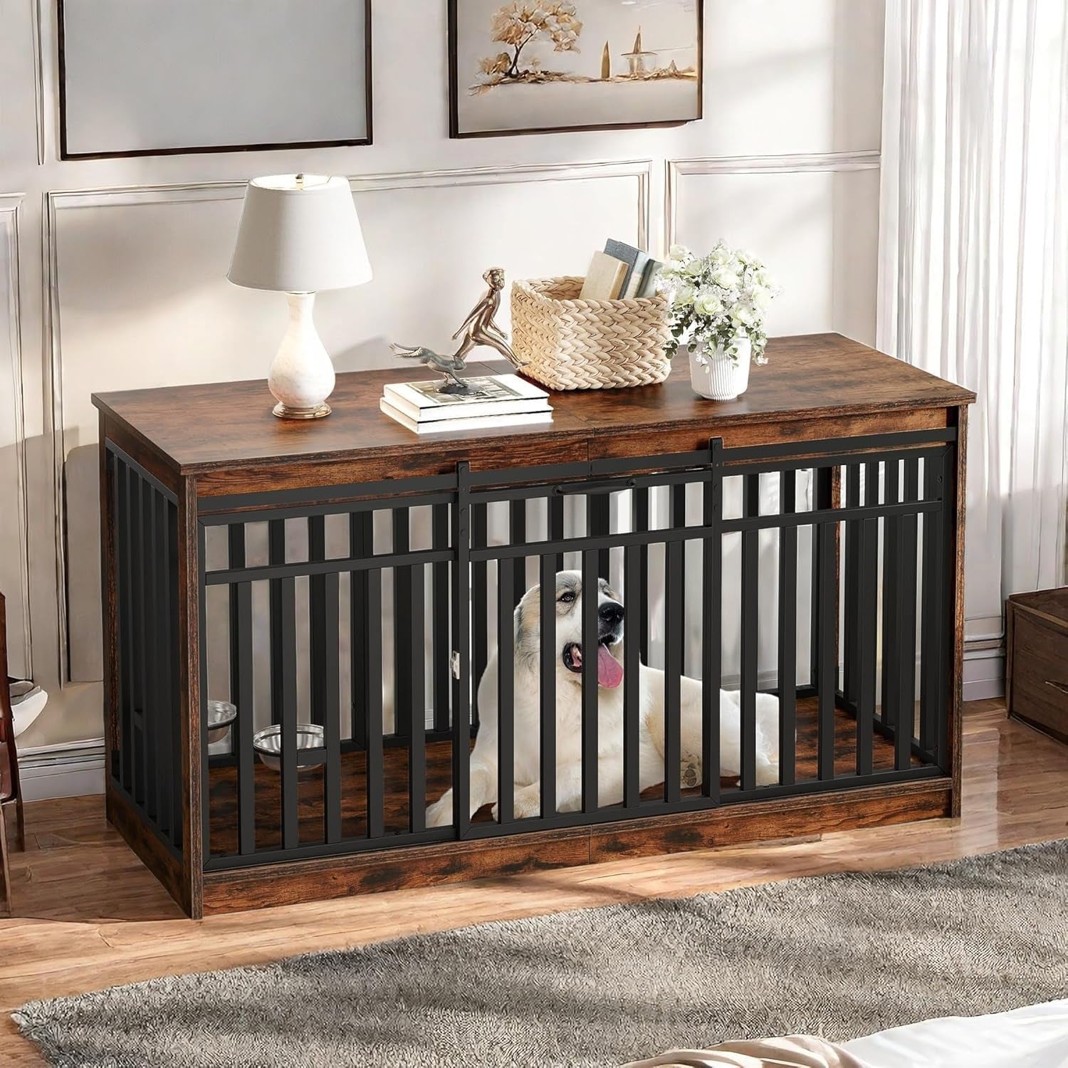 55 Inch Large Dog Crate Furniture, Heavy Duty Wooden Dog Crate TV Stand with 2 Dog Bowls, Metal Dog Kennel Indoor Furniture Sliding Barn Door Design for Extra Large Dogs, Rustic Brown