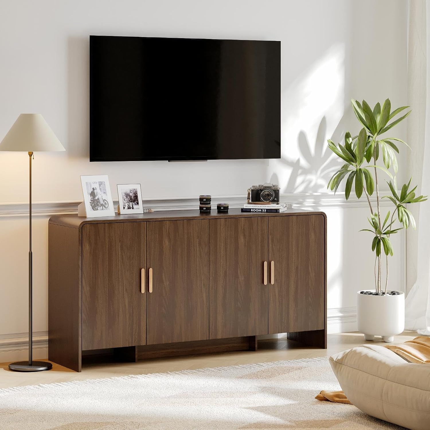 60" Sideboard Buffet Cabinet with Storage, Curved Design Farmhouse Coffee Bar Cabinet with 4 Doors & Adjustable Shelves for Living Room, Kitchen, Hallway, Walnut