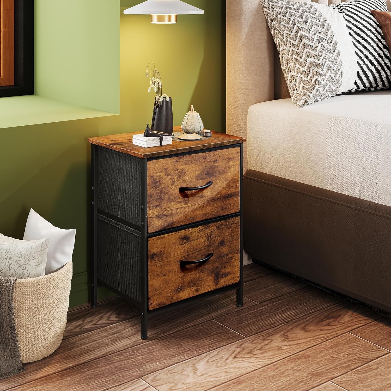 Night Stand, Small 2 Drawer Dresser, Nightstand with Fabric Bins for Bedroom, Closet, Dorm, Rustic Brown Wood Grain Print, 11.8" D X 15.7" W X 20.9" H