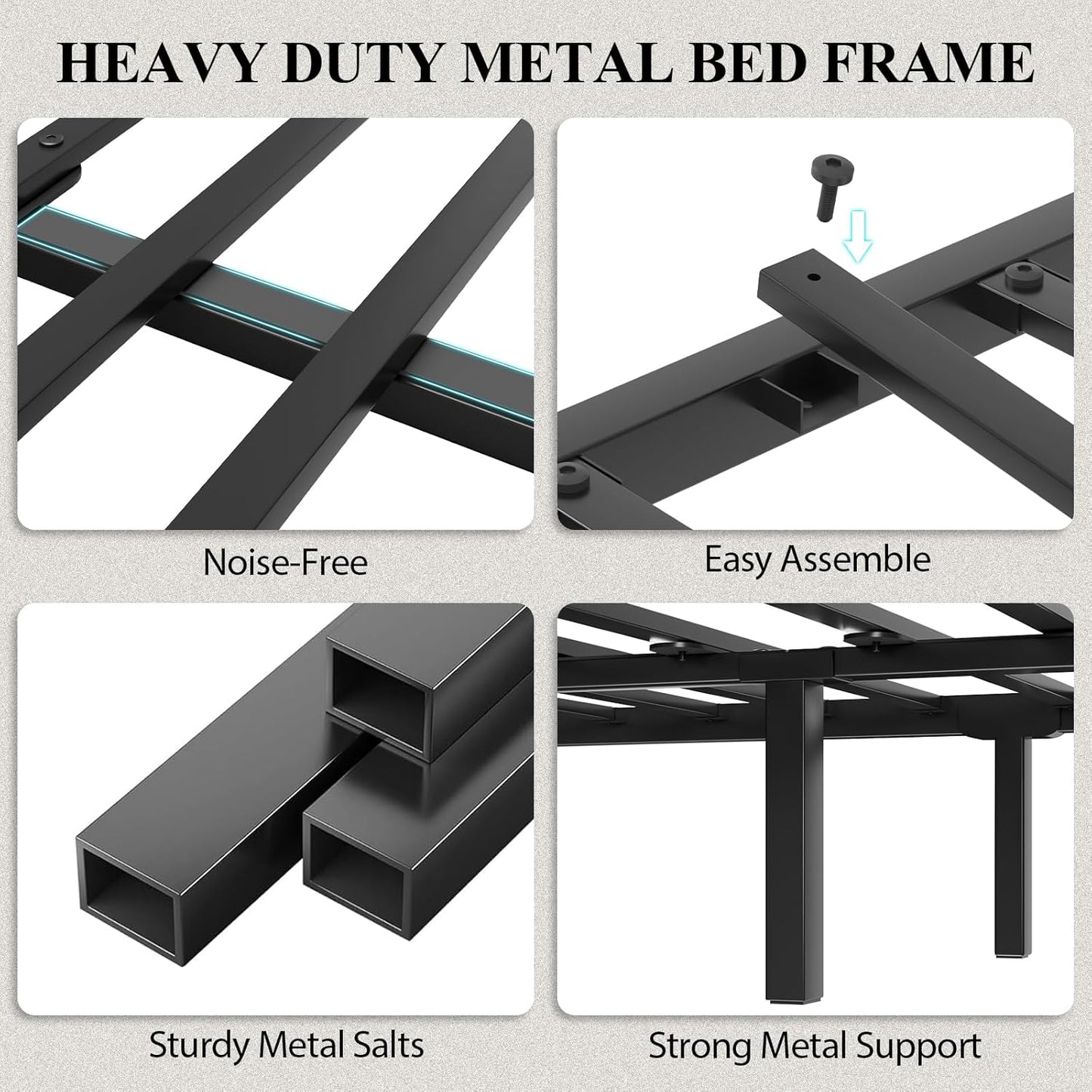 Queen Size Bed Frame with Storage Headboard and LED Lights, Industrial Platform Bed with Charging Station, Heavy Duty Metal Slats, No Box Spring Need, Noise Freee, Grey