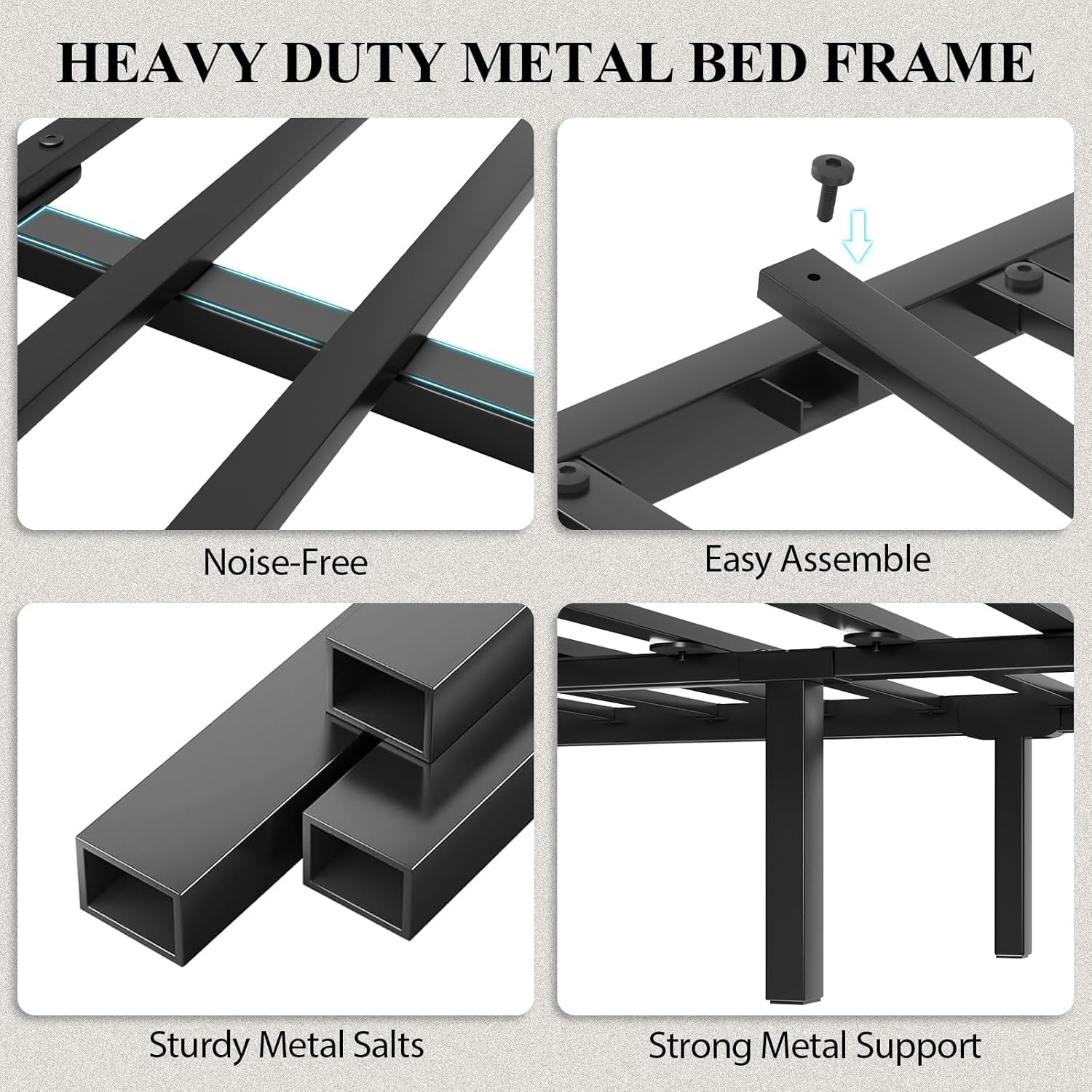 Queen Size Bed Frame with Storage Headboard and LED Lights, Industrial Platform Bed with Charging Station, Heavy Duty Metal Slats, No Box Spring Need, Noise Freee, Grey