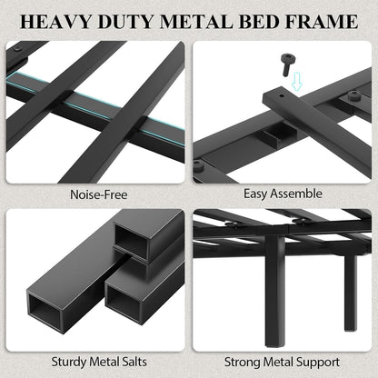 Queen Size Bed Frame with Storage Headboard and LED Lights, Industrial Platform Bed with Charging Station, Heavy Duty Metal Slats, No Box Spring Need, Noise Freee, Grey