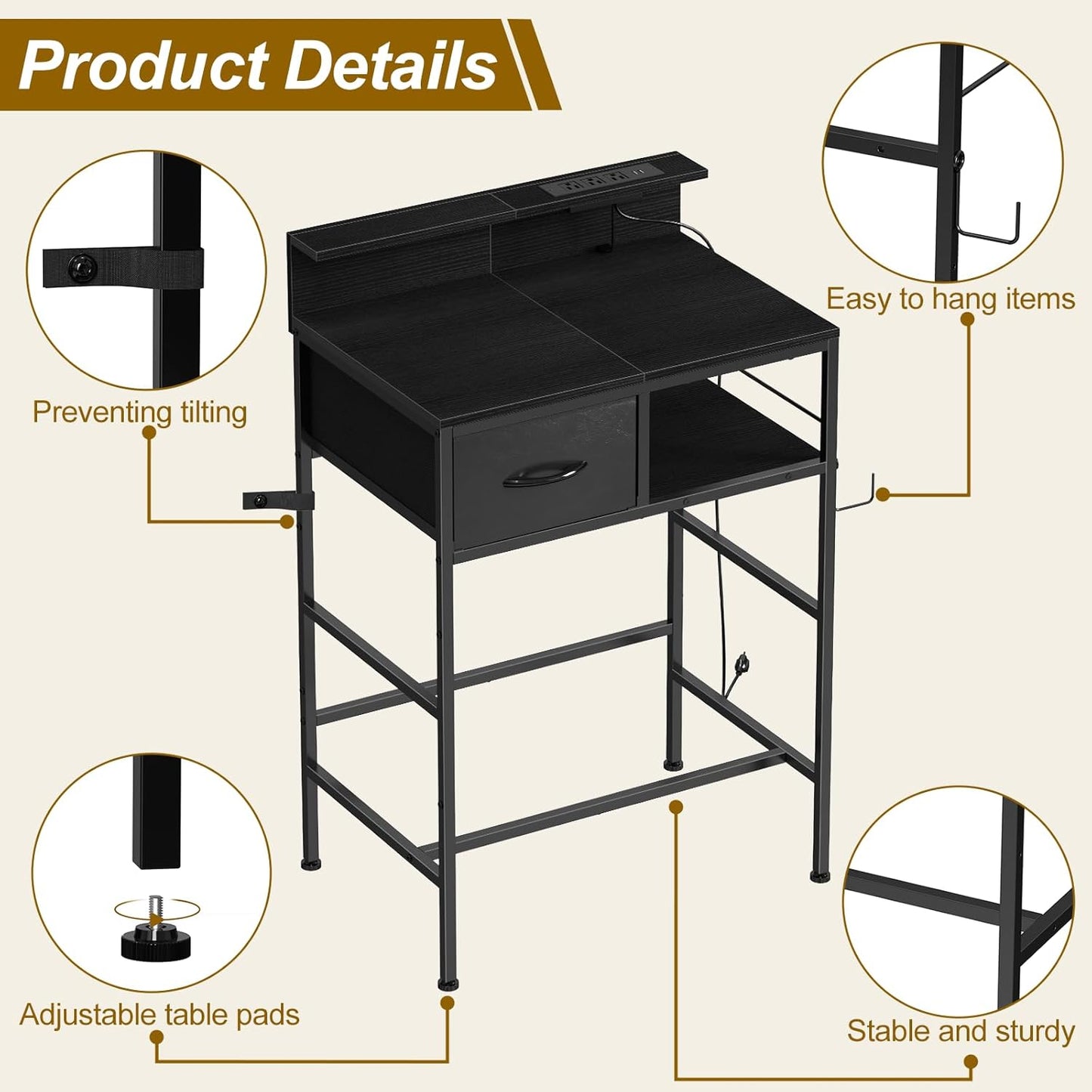 Makeup Vanity Desk without Mirror, Small Vanity Table with Fabric Drawers and Charging Station for Girls Bedroom, Simple Home Office Computer Desk for Small Spaces, Black