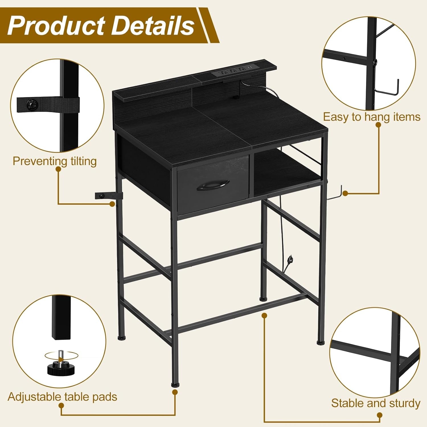 Makeup Vanity Desk without Mirror, Small Vanity Table with Fabric Drawers and Charging Station for Girls Bedroom, Simple Home Office Computer Desk for Small Spaces, Black
