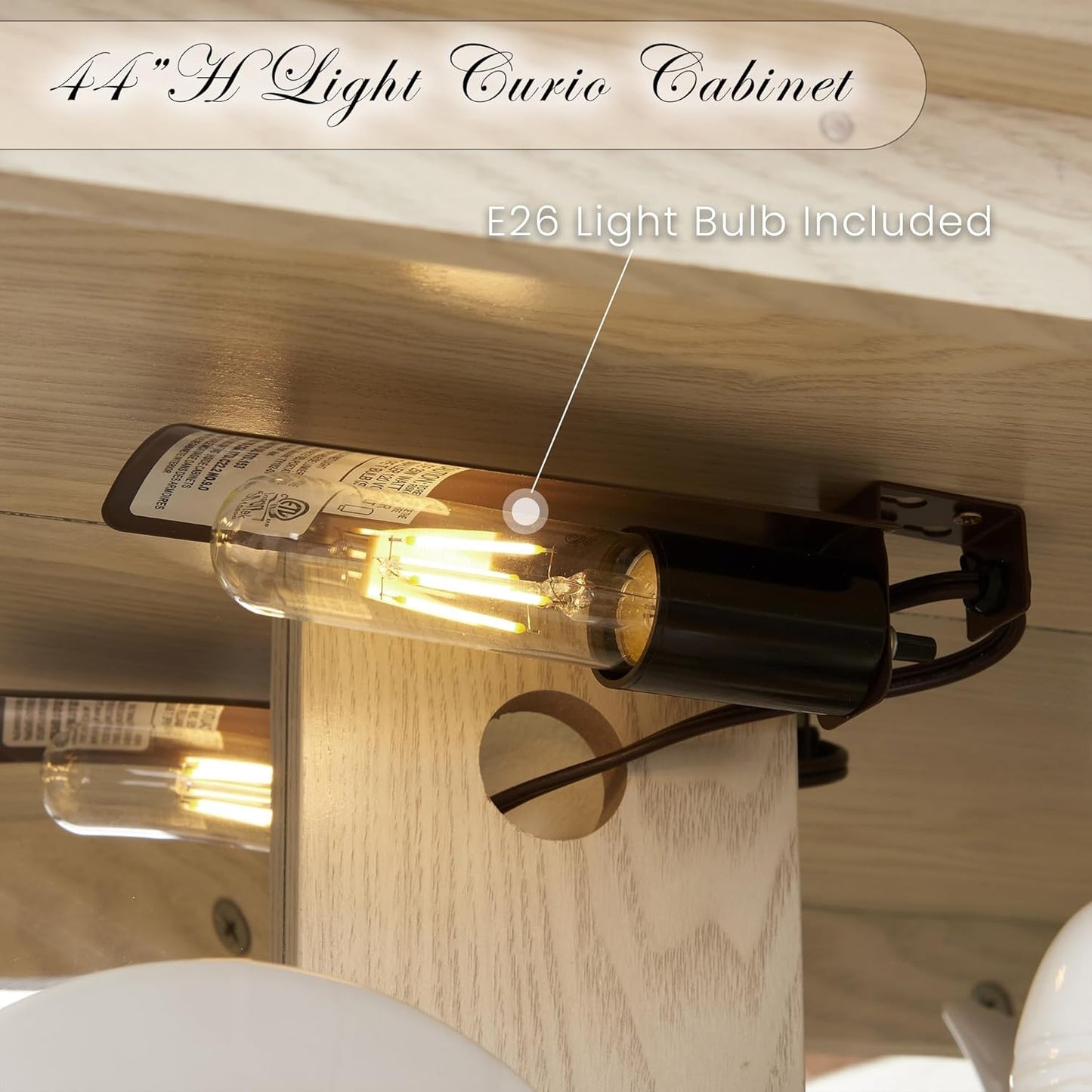 Lighted Curio Cabinet, 44" H Glass Display Case with Adjustable Glass Shelves, Vintage China Cabinet with Mirrored Back Panel & 3-Tier Shelves, Blub Included, Rack for Living Room (Antique White)