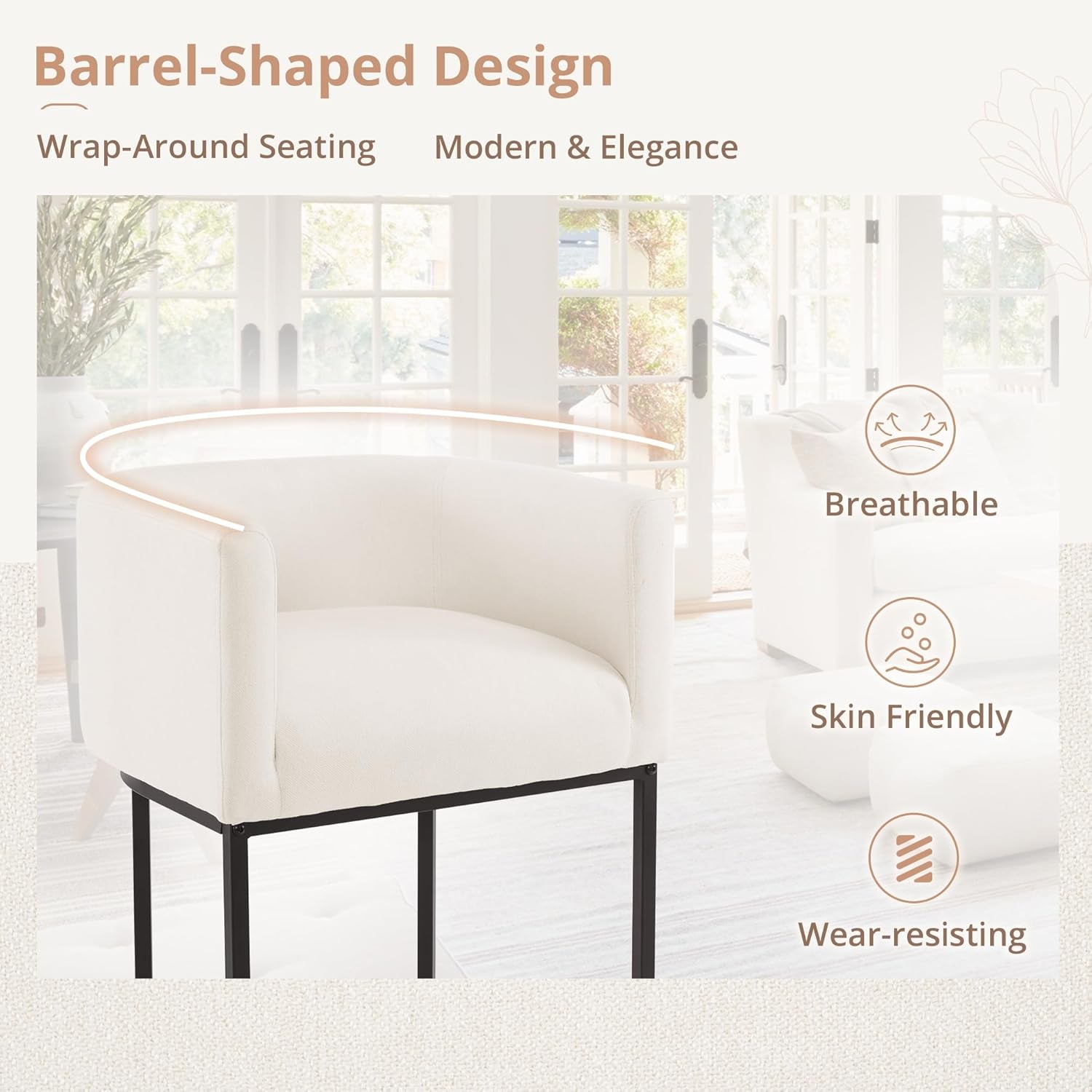 27" H Counter Height Bar Stools Set of 2, Modern Barrel Counter Stools with Backrest and Arms, Black Metal Frames, Linen Fabric Upholstered Accent Barstools for Kitchen Island, Beige