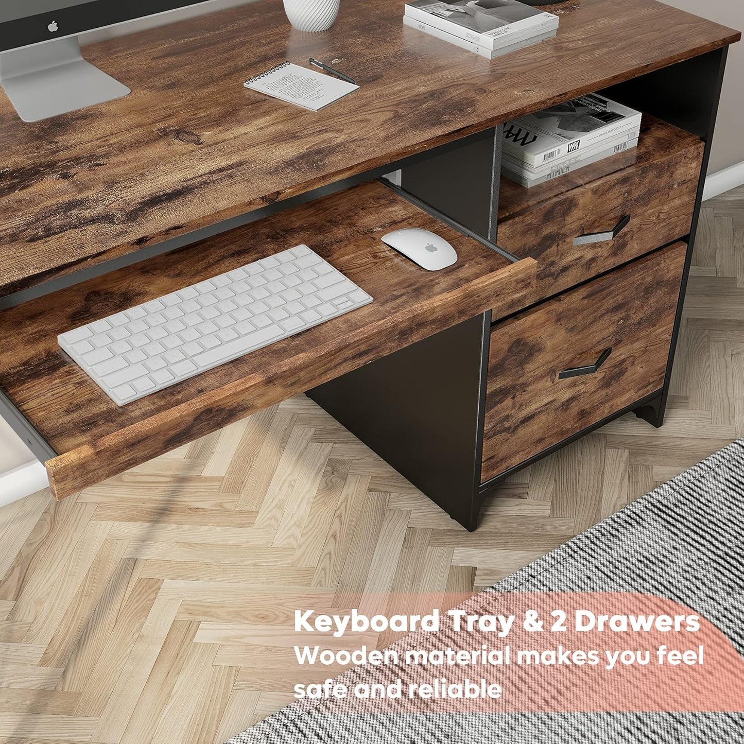 Office Desk with Drawers, 55 Inch Industrial Computer Desk with Storage, Wood Teacher Desk with Keyboard Tray & File Drawer for Home Office, Rustic Brown