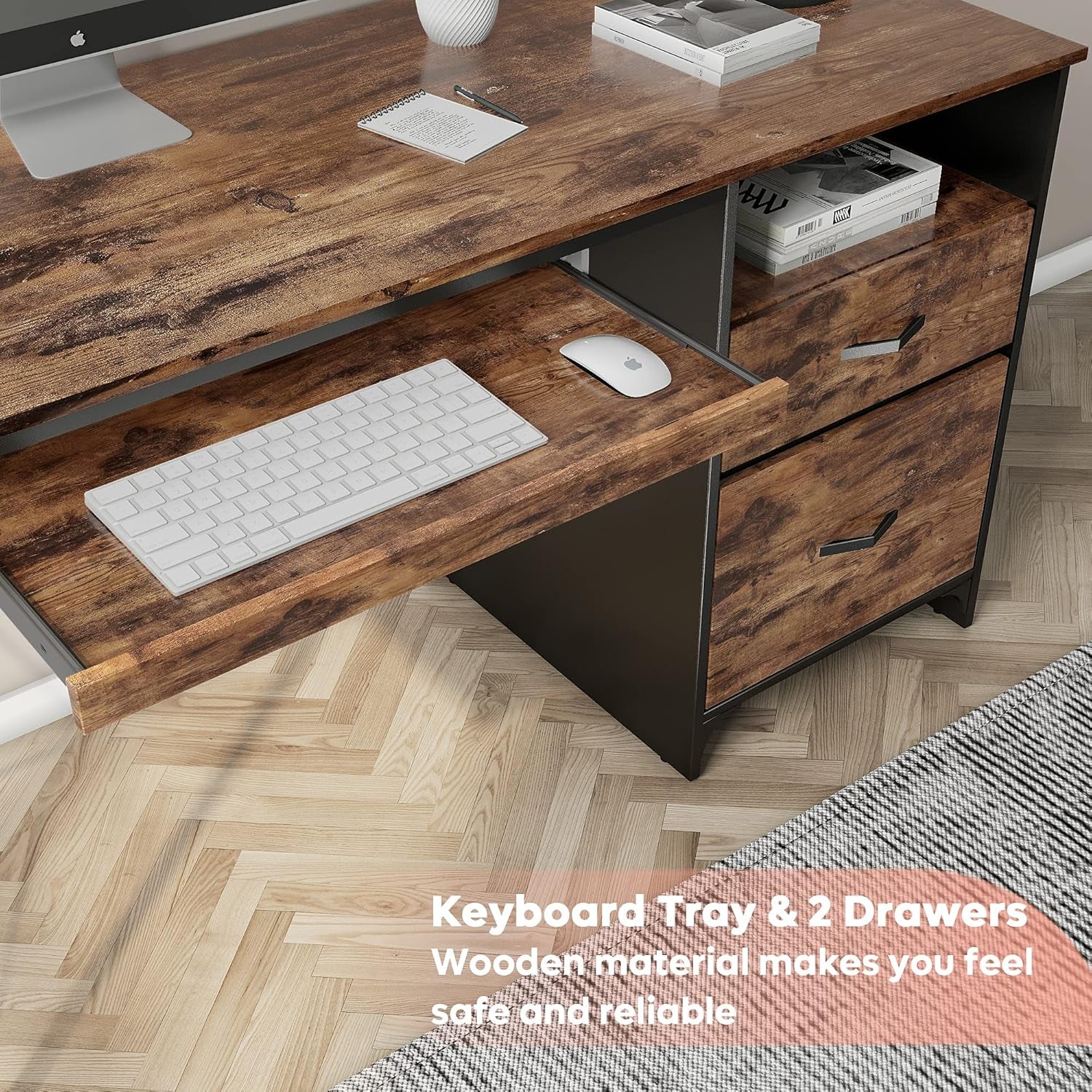 Office Desk with Drawers, 55 Inch Industrial Computer Desk with Storage, Wood Teacher Desk with Keyboard Tray & File Drawer for Home Office, Rustic Brown