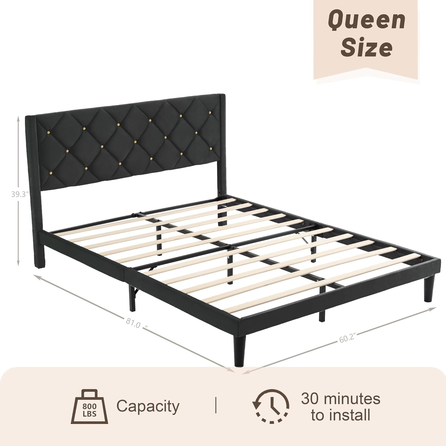 Queen Bed Frame with Headboard, Bed Frame Queen Size with Sturdy Wooden Slats Support, Platform Frame with Velvet Upholstered Headboard, Mattress Foundation, Easy Assembly, No Box Spring Needed Black