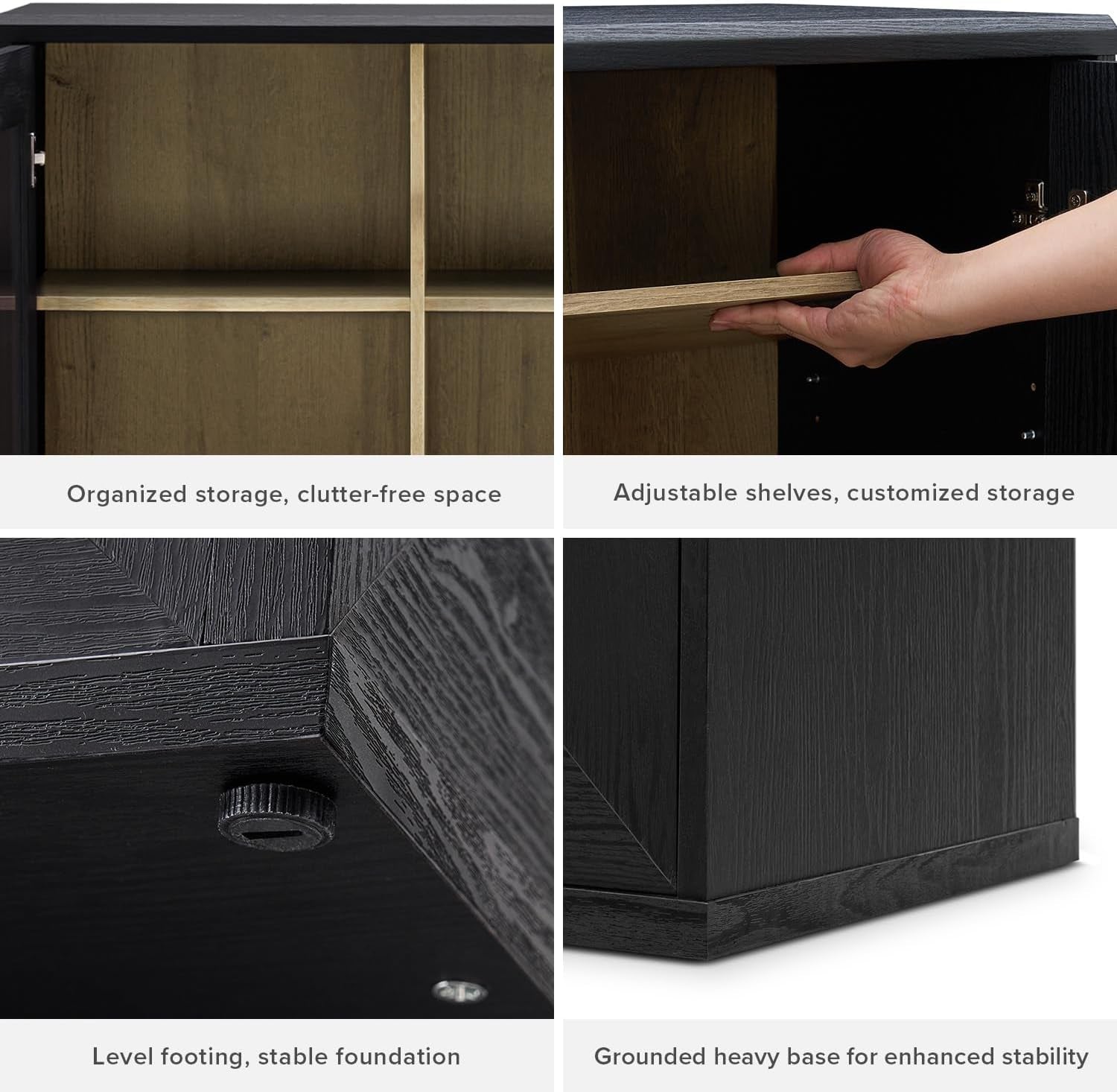 Blake Storage Cabinet, Small Modular Accent Display Sideboard Buffet Cabinet with Storage, Media Console Credenza, for Kitchen, Coffee Bar, Pantry, Living Room (Black Oak Arched, Set of 2)
