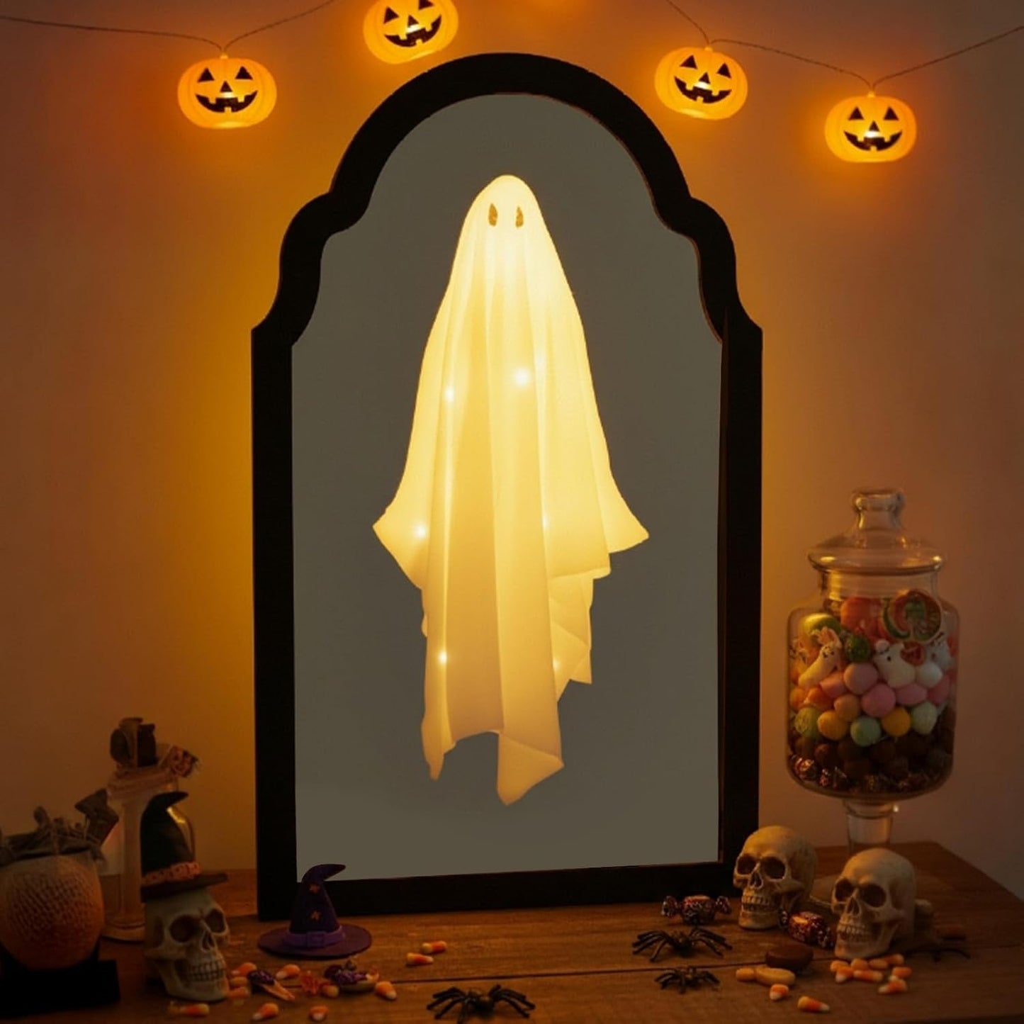 21.6" X 12.9" Halloween Ghost Mirror, Ghost Hologram Mirror with Remote, Spooky Halloween Ghost Decoration Indoor for Wall Mantle, DIY Haunted House Props-Wavy Border