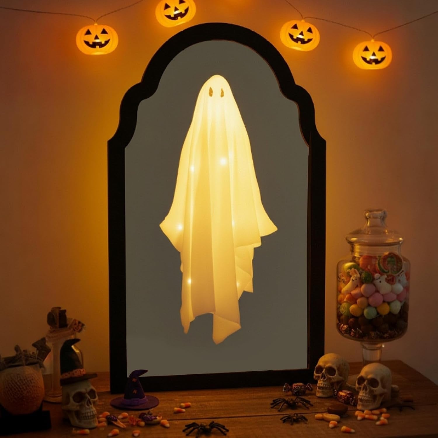 21.6" X 12.9" Halloween Ghost Mirror, Ghost Hologram Mirror with Remote, Spooky Halloween Ghost Decoration Indoor for Wall Mantle, DIY Haunted House Props-Wavy Border