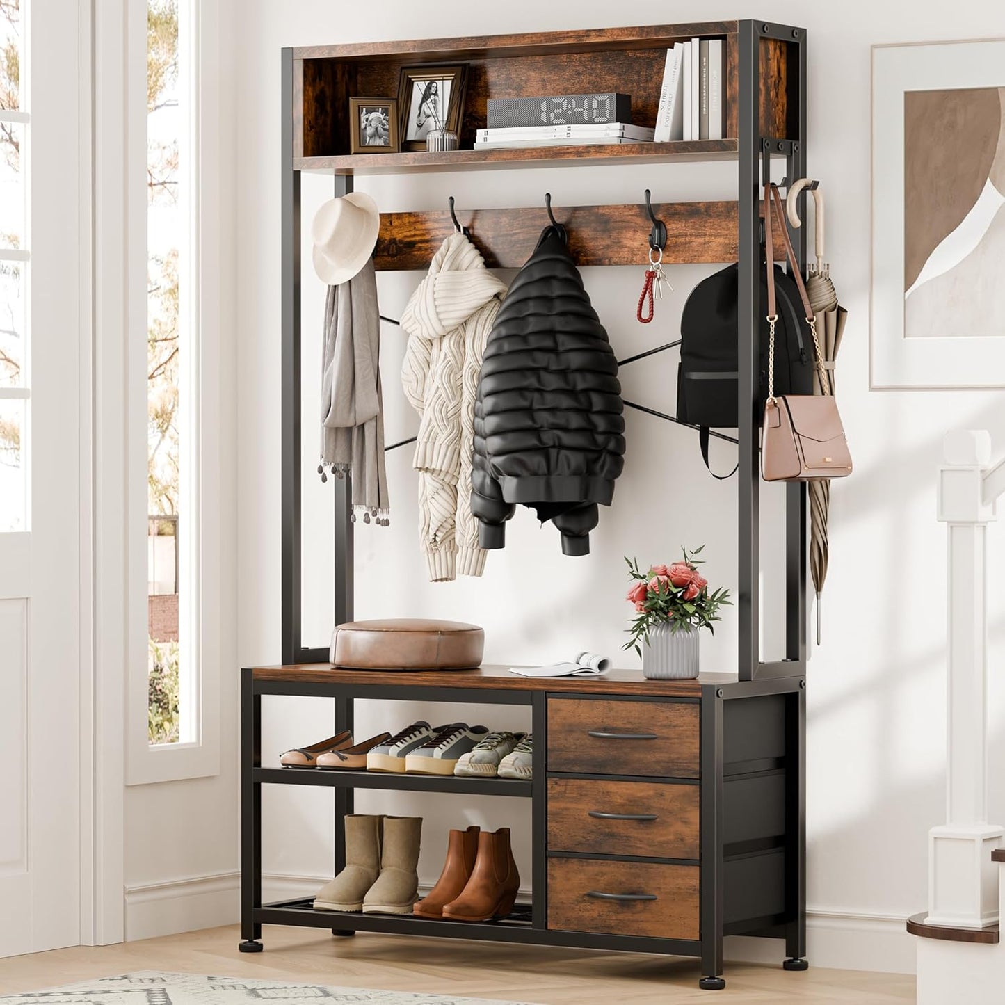Hall Tree with Bench and Shoe Storage, 31.5" Coat Rack Freestanding with 2-Tier Storage Shelf, 6-In-1 Entryway Bench Coat Rack with 12 Hooks and 3 Drawers(Rustic Brown)
