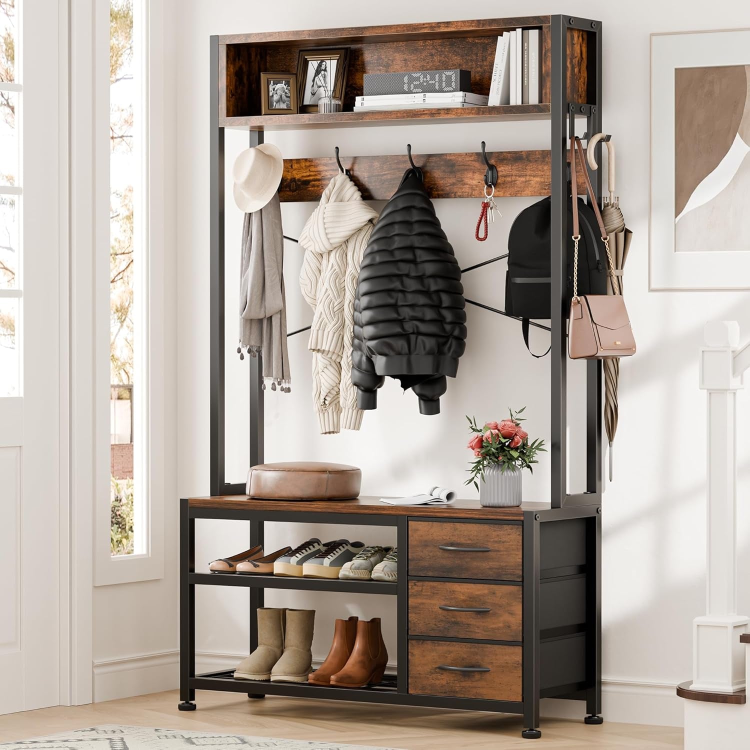 Hall Tree with Bench and Shoe Storage, 31.5" Coat Rack Freestanding with 2-Tier Storage Shelf, 6-In-1 Entryway Bench Coat Rack with 12 Hooks and 3 Drawers(Rustic Brown)