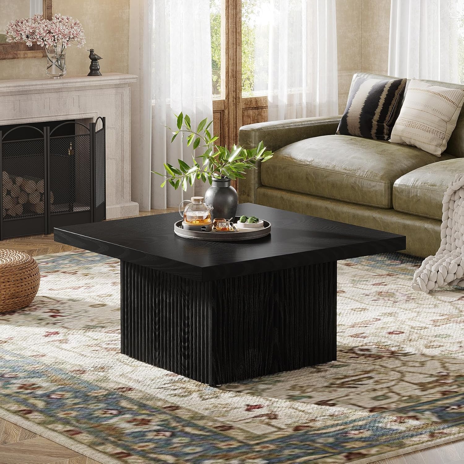 Square Coffee Table, 31.5-Inch Fluted Coffee Table, Mid-Century Modern Living Room Table, Large Cocktail Table for Living Room, Easy Assembly, Black