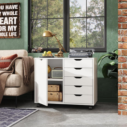 5-Drawer Wood Drawer Cabinet, Office Storage Cabinet with Adjustable Shelf & Wheels, Printer Stand for Home Office, White