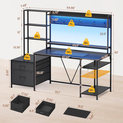 Gaming Desk with Hutch, 65In Reversible Computer Desk with Power Outlets LED Light, Home Office Desk with Monitor Stand 2 Drawers 4 Storage Shelves Pegboard 8 Hooks Mouse Pad (Black)