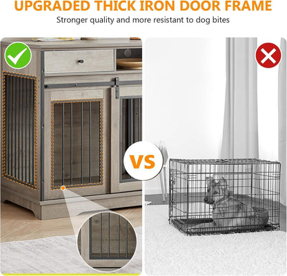 78'' Dog Crate Furniture for 2 Dogs, Double Dog Crate Furniture with 4 Bowls, Dog Kennel as TV Stand with 360° Rotating and Adjustable Height Bowl Holder