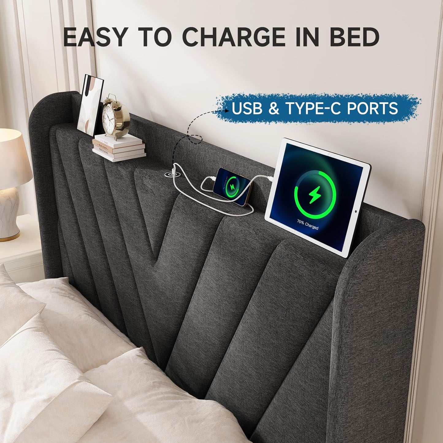 Queen Bed Frame with Headboard, Adjustable Upholstered Platform Bed Frame with Type-C&Usb Ports, Wingback Storage Headboard, Solid Wood Slats Support, No Box Spring Needed, Dark Gray