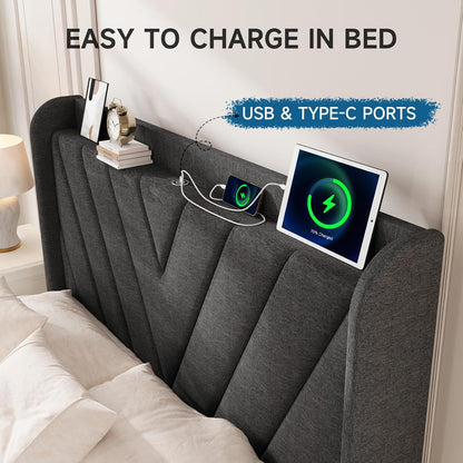 Queen Bed Frame with Headboard, Adjustable Upholstered Platform Bed Frame with Type-C&Usb Ports, Wingback Storage Headboard, Solid Wood Slats Support, No Box Spring Needed, Dark Gray