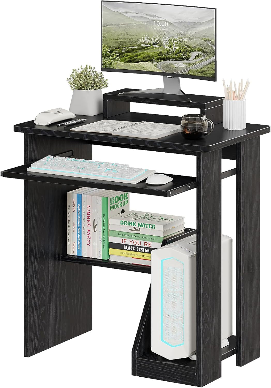 30" Small Computer Desk with Keyboard Tray Monitor Stand, Study Writing Desk with Storage Shelves, Modern Workstation for Small Spaces, save Space, Black A