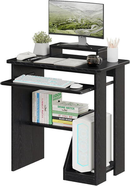 30" Small Computer Desk with Keyboard Tray Monitor Stand, Study Writing Desk with Storage Shelves, Modern Workstation for Small Spaces, save Space, Black A