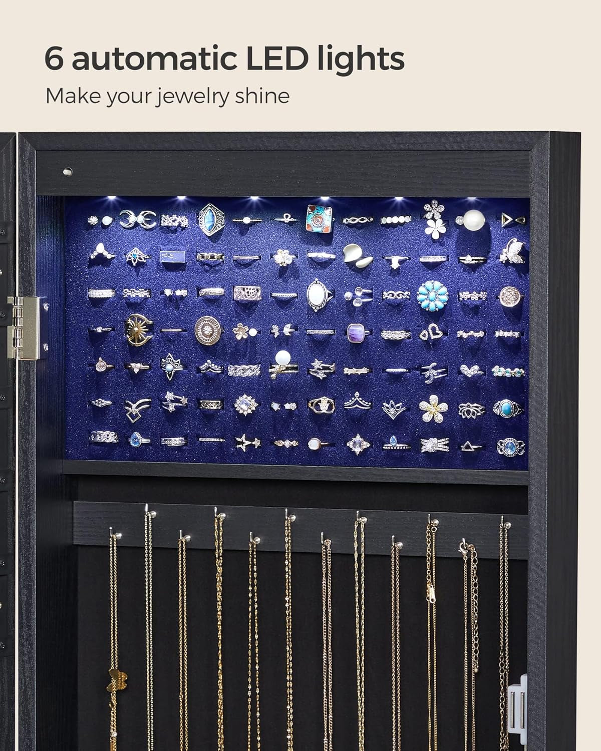 6 Leds Mirror Jewelry Cabinet, 47.2-Inch Tall Lockable Wall or Door Mounted Jewelry Armoire Organizer with Mirror, 2 Drawers, 3.9 X 14.6 X 47.2 Inches, Black UJJC093B01