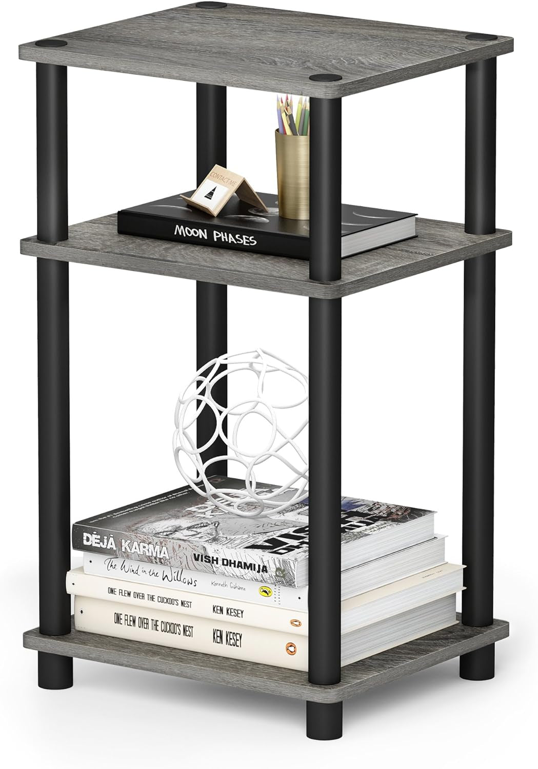 JUST Side Table, 3-Tier End Table, Open Shelves Night Stand, Bedside Table, Toolless Assembly, for Living Room, Bedroom, Bathroom, French Oak