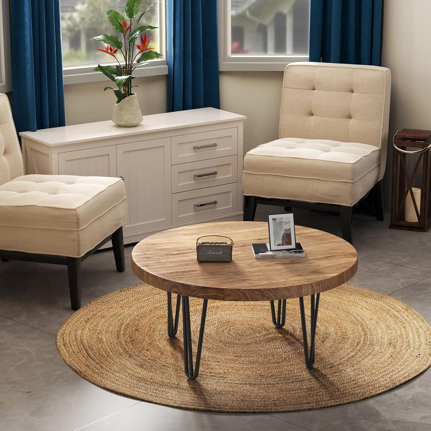 Rustic Wood round Coffee Table with Metal Legs, Solid Elm Wood Top and Non-Slip Feet Pads - Farmhouse Style for Living Room, Natural