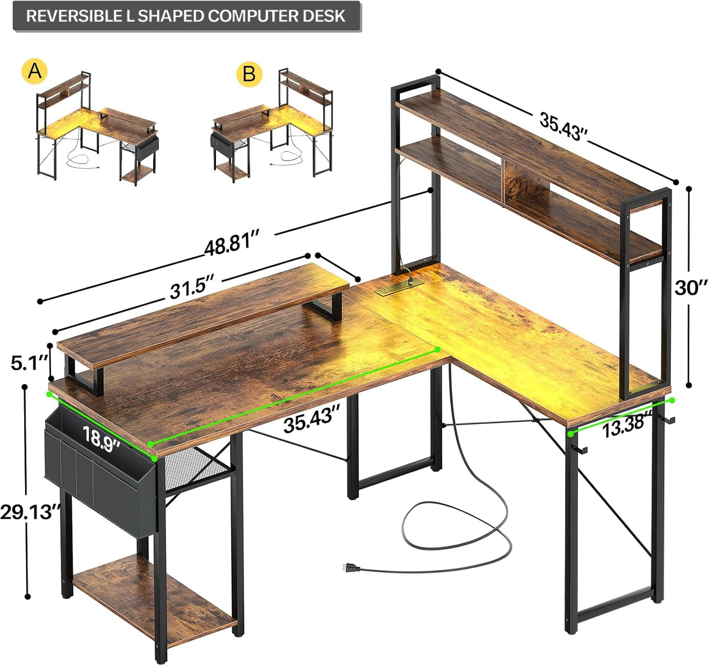 Small L Shaped Gaming Desk with LED Lights & Power Outlets, Reversible L-Shaped Computer Desk with Monitor Stand & Storage Shelf, Corner Desks Home Office Desk with Storage Bag, Rustic Brown