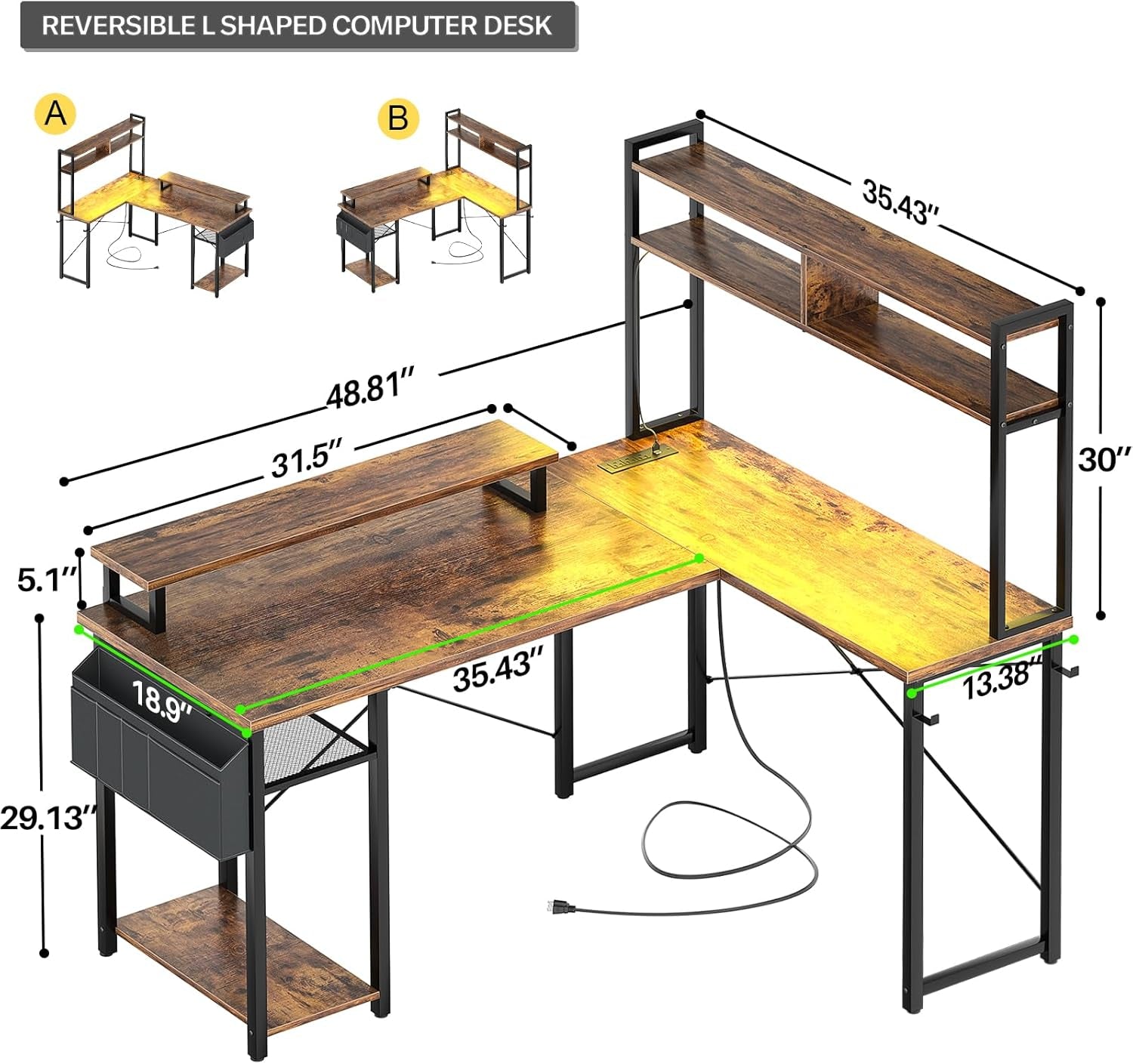 Small L Shaped Gaming Desk with LED Lights & Power Outlets, Reversible L-Shaped Computer Desk with Monitor Stand & Storage Shelf, Corner Desks Home Office Desk with Storage Bag, Rustic Brown