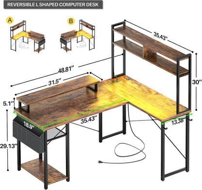 Small L Shaped Gaming Desk with LED Lights & Power Outlets, Reversible L-Shaped Computer Desk with Monitor Stand & Storage Shelf, Corner Desks Home Office Desk with Storage Bag, Rustic Brown