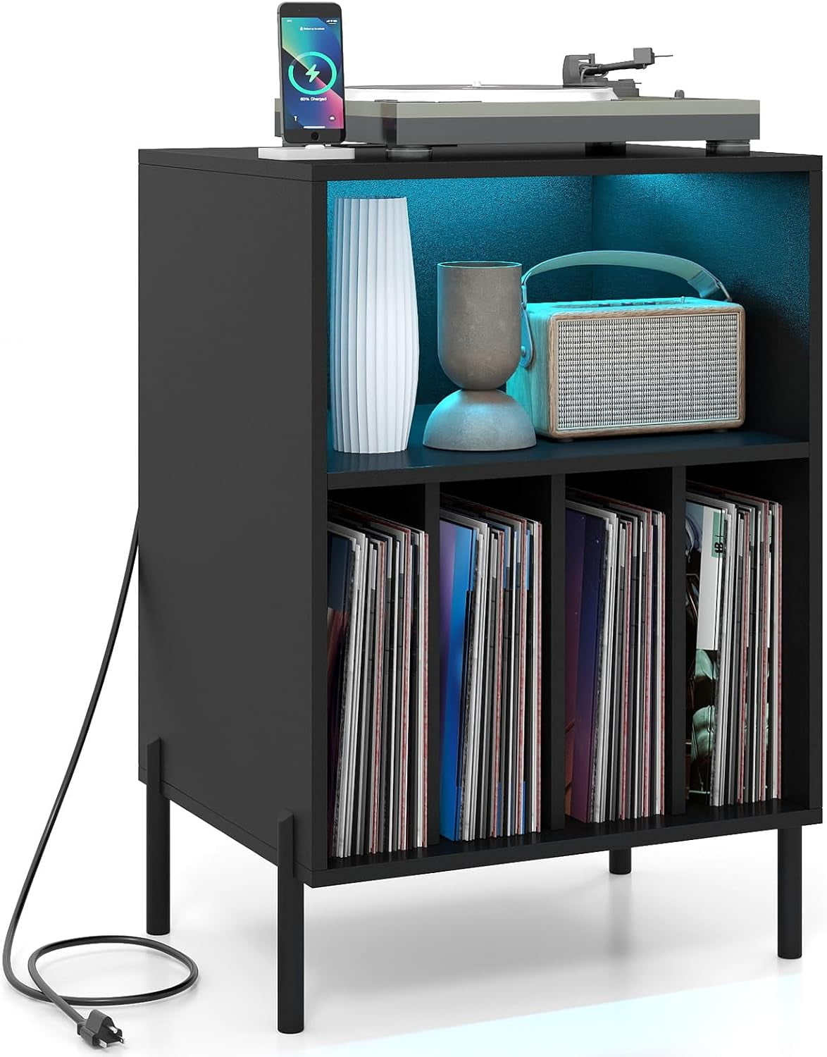 Record Player Stand with LED Lights & Charging Station, Turntable Stand with Record Holder, Record Player Table with Metal Legs, Vinyl Record Storage for Living Room, Music Room, Black