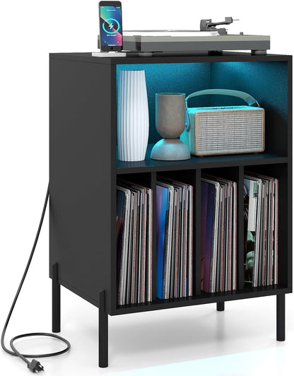 Record Player Stand with LED Lights & Charging Station, Turntable Stand with Record Holder, Record Player Table with Metal Legs, Vinyl Record Storage for Living Room, Music Room, Black