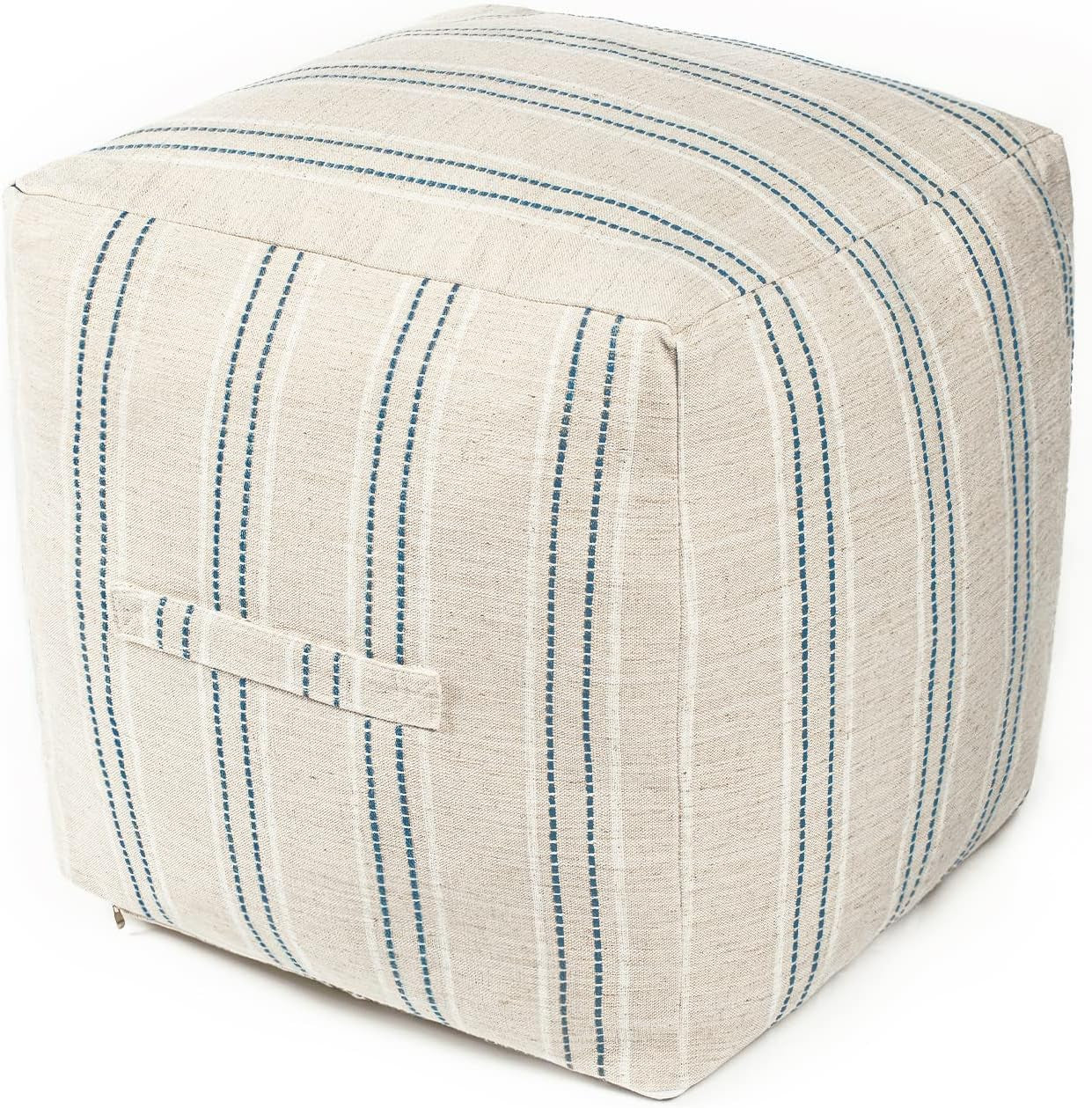 Unstuffed Farmhouse Pouf Cover for Living Room, Boho Storage Bean Bag Cubes, Beige with Navy Blue Stitch Yarn Dyed Stripe Square Ottoman Pouf Foot Rest Footstool, 18"X18"X18", Cover ONLY