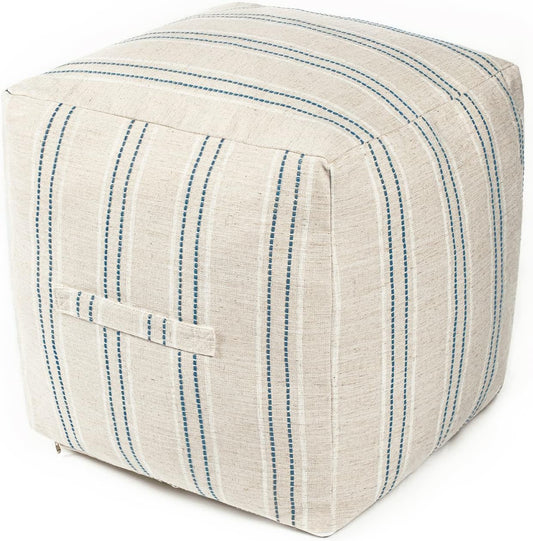 Unstuffed Farmhouse Pouf Cover for Living Room, Boho Storage Bean Bag Cubes, Beige with Navy Blue Stitch Yarn Dyed Stripe Square Ottoman Pouf Foot Rest Footstool, 18"X18"X18", Cover ONLY