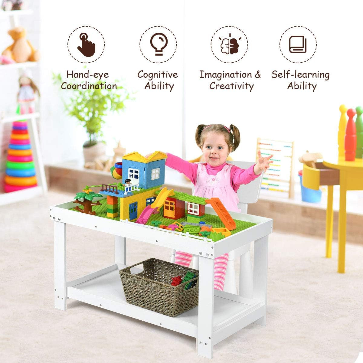 2 in 1 Kids Activity Table W/Storage, Patented Building Block Table W/Board for Bricks Crafts Arts Draw, Children Solid Wood Play Table Desk for Preschool Toddler Boy & Girl Gift, White