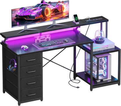 55 Inch Computer Gaming Desk with Power Outlets & 4 Drawers, Home Office Desk with Monitor Stand & Printer Shelves, Black