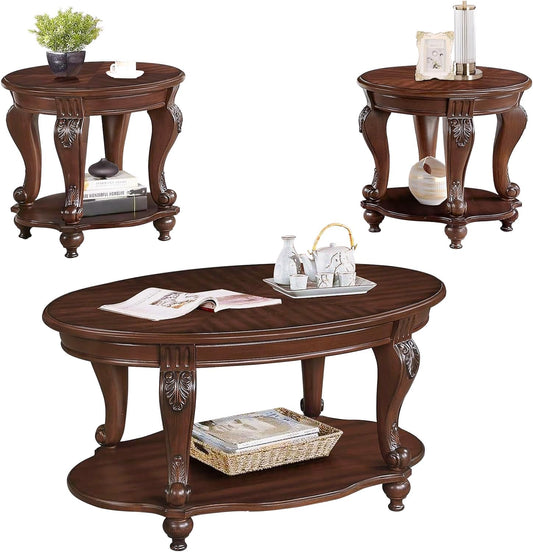 Wood Coffee Table Set with Storage Shelf Oval Coffee Tables and round Side Table for Living Room Farmhouse, Antique Elegant Carved Legs, Easy Assembly, Cherry