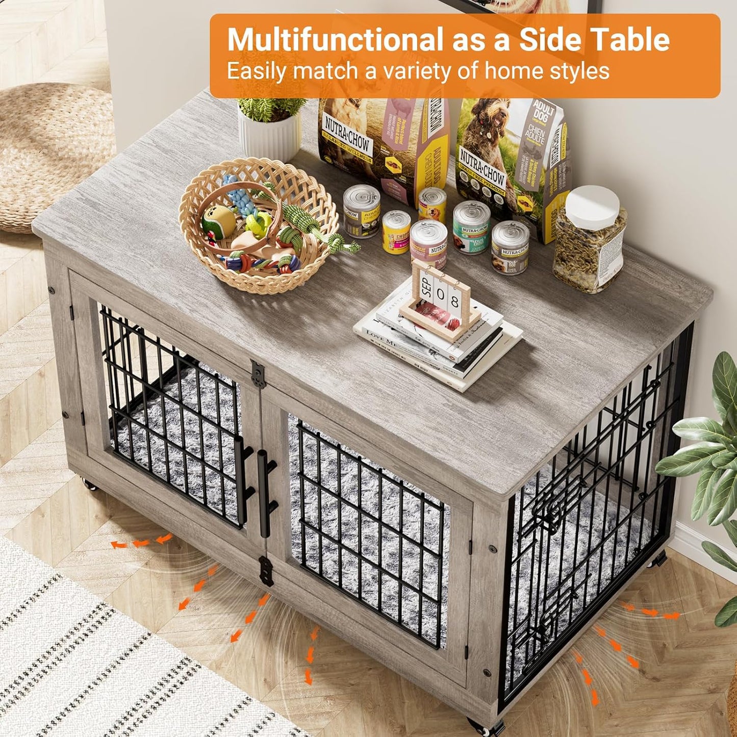 Large Dog Crate Furniture, 38'' Wooden Dog Crate End Table, Double Door Dog Kennel Indoor with Cushion & Wheels, Decorative Dog Cage House Chew-Resistant for Large/Medium, Grey