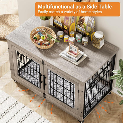 Large Dog Crate Furniture, 38'' Wooden Dog Crate End Table, Double Door Dog Kennel Indoor with Cushion & Wheels, Decorative Dog Cage House Chew-Resistant for Large/Medium, Grey