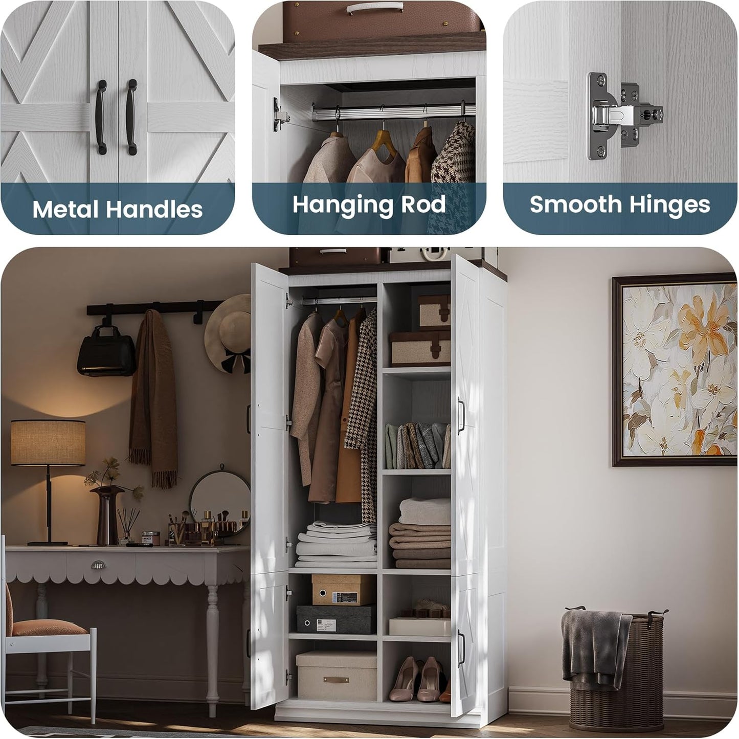 Wardrobe Closet, 71" H Tall Wooden Closet with 5 Clothing Shelves, 4 Doors and Hanging Rod for Hanging Clothes, Bedroom Freestanding Armoire Storage Cabinet, Stand Alone Clothing Unit, White