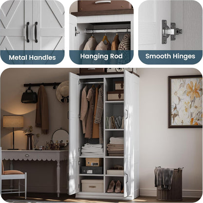Wardrobe Closet, 71" H Tall Wooden Closet with 5 Clothing Shelves, 4 Doors and Hanging Rod for Hanging Clothes, Bedroom Freestanding Armoire Storage Cabinet, Stand Alone Clothing Unit, White