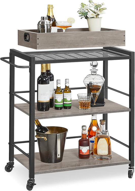 Kitchen Serving Cart with Removable Tray, 3-Tier Kitchen Utility Cart on Wheels with Storage, with Brakes, Leveling Feet, 15.7 X 28.3 X 33.9 Inches, Greige and Black ULRC072B02